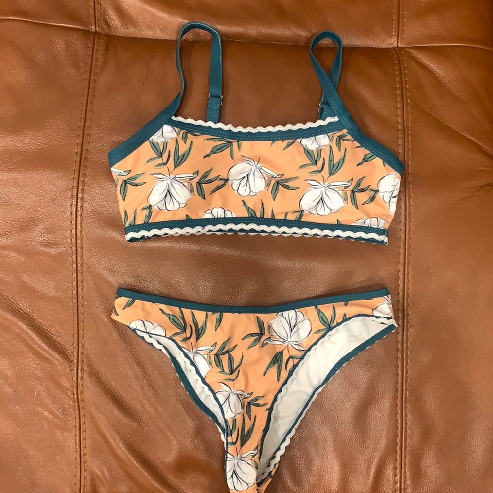 Orange teal and white floral bikini